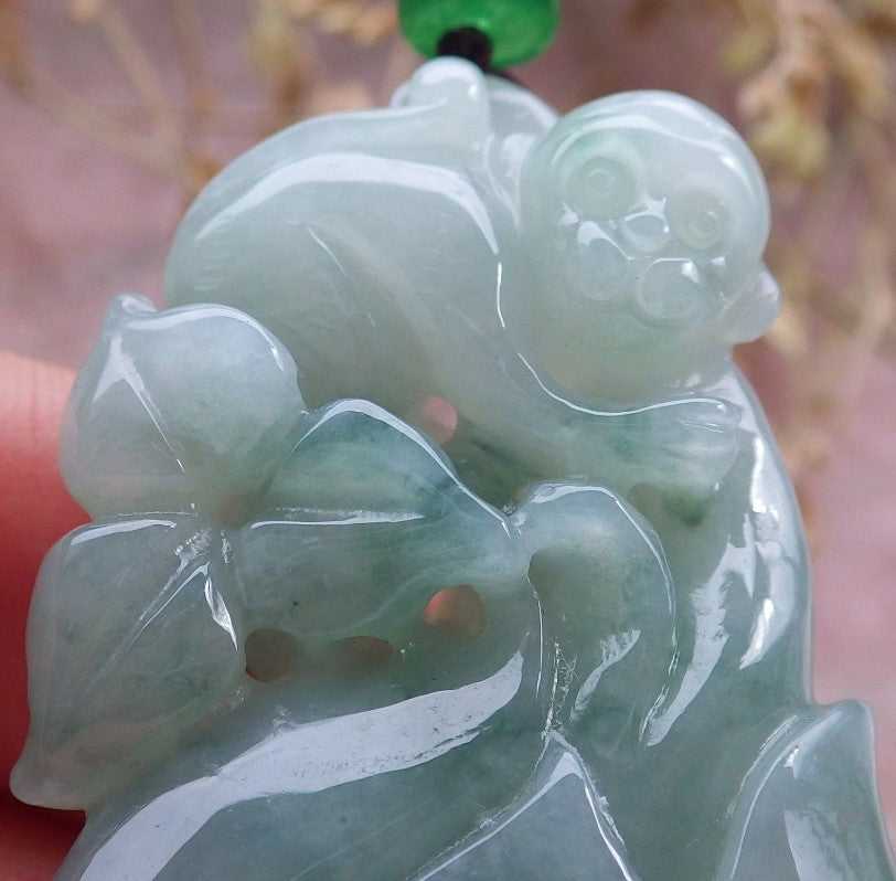 Certified Green Burma 100% Natural A Jade jadeite Pendant Monkey Flower Necklace 猴子 642361 TN
