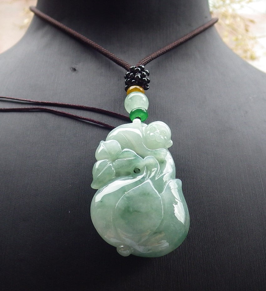 Certified Green Burma 100% Natural A Jade jadeite Pendant Monkey Flower Necklace 猴子 642361 TN