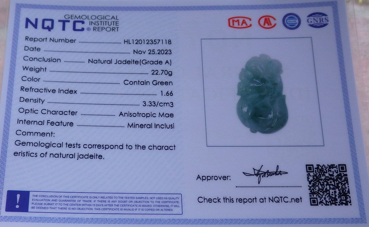 Certified Green Burma 100% Natural A Jade jadeite Pendant Monkey Flower Necklace 猴子 642361 TN