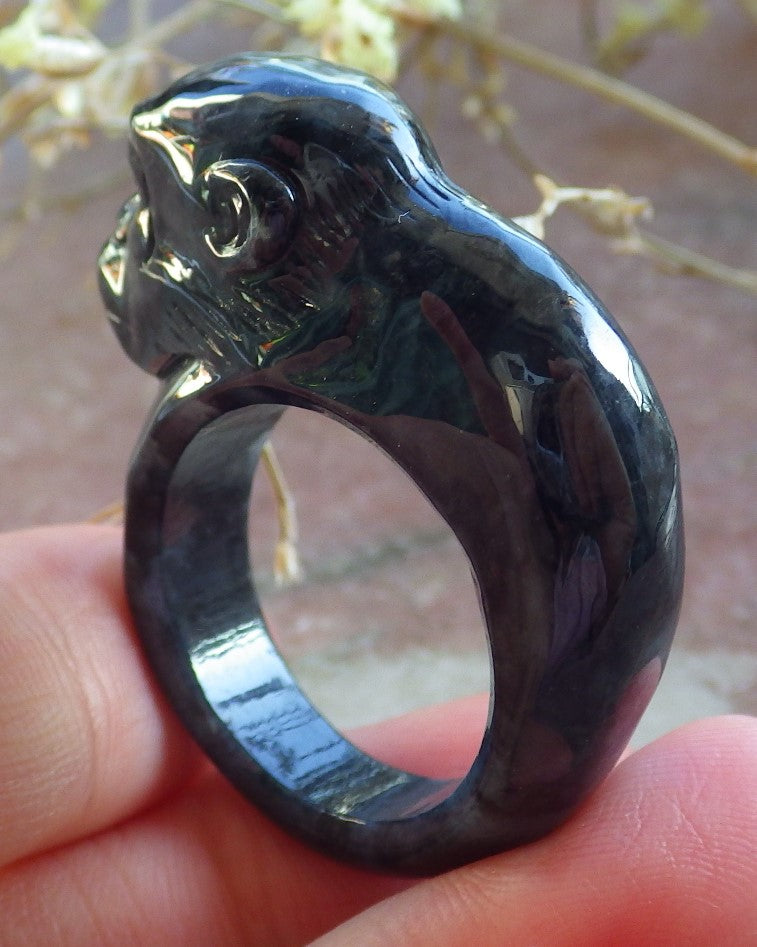 Certified Black Burma 100% Natural A JADE Jadeite Monkey RING USA. 10 戒指 642551 TN