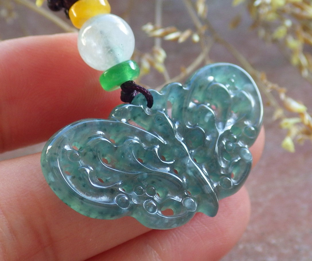 Certified Icy Green Burma 100% Natural A Jade jadeite Pendant Butterfly Neckace 蝴蝶 642572 TN