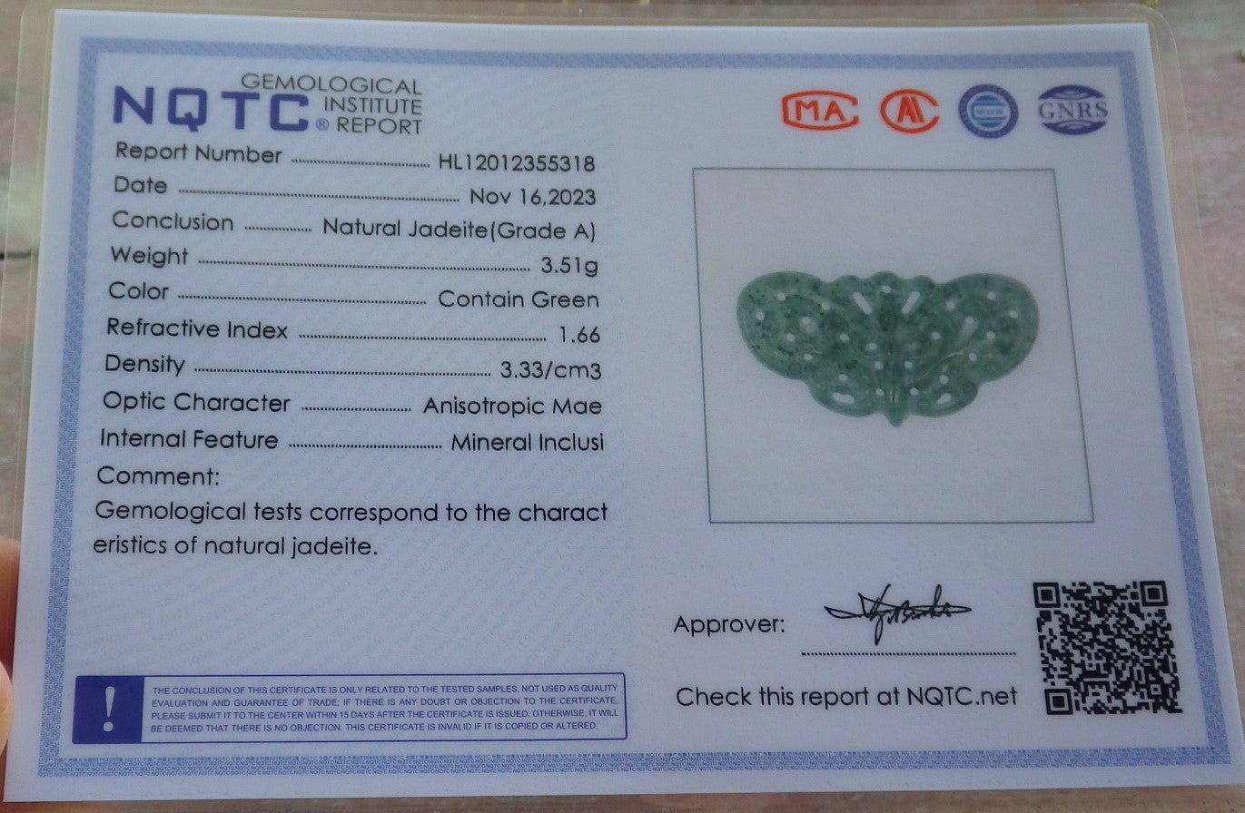Certified Icy Green Burma 100% Natural A Jade jadeite Pendant Butterfly Neckace 蝴蝶 642572 TN