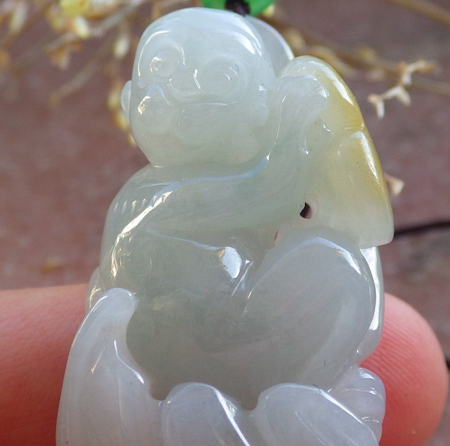 Certified Green Yellow Burma 100% Natural A Jade jadeite Pendant Monkey Coin Ruyi Necklace 猴子 642579 TN