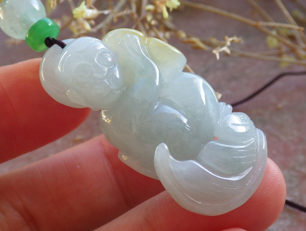 Certified Green Yellow Burma 100% Natural A Jade jadeite Pendant Monkey Coin Ruyi Necklace 猴子 642579 TN