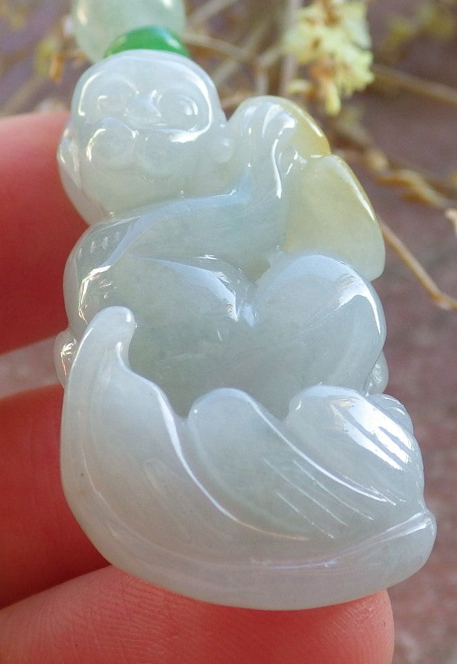 Certified Green Yellow Burma 100% Natural A Jade jadeite Pendant Monkey Coin Ruyi Necklace 猴子 642579 TN