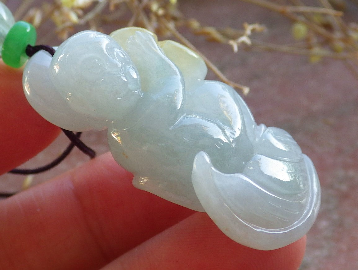 Certified Green Yellow Burma 100% Natural A Jade jadeite Pendant Monkey Coin Ruyi Necklace 猴子 642579 TN