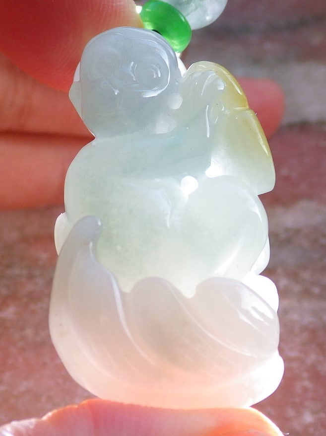 Certified Green Yellow Burma 100% Natural A Jade jadeite Pendant Monkey Coin Ruyi Necklace 猴子 642579 TN