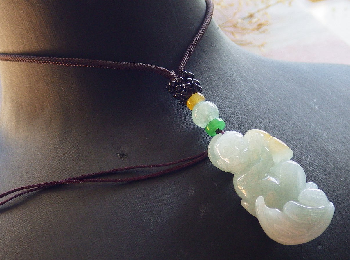 Certified Green Yellow Burma 100% Natural A Jade jadeite Pendant Monkey Coin Ruyi Necklace 猴子 642579 TN