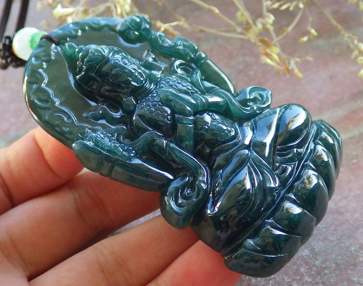 Certified Icy Blue Water Green Burma 100% Natural A Jade jadeite Pendant Guanyin Kwan Yin Lotus Flower Necklace 观音 642601 TN