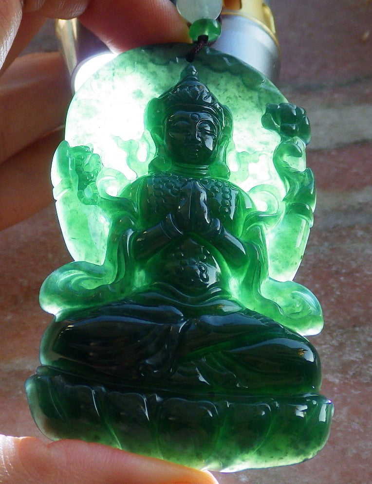 Certified Icy Blue Water Green Burma 100% Natural A Jade jadeite Pendant Guanyin Kwan Yin Lotus Flower Necklace 观音 642601 TN