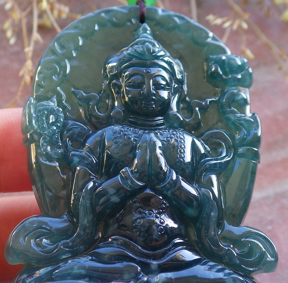 Certified Icy Blue Water Green Burma 100% Natural A Jade jadeite Pendant Guanyin Kwan Yin Lotus Flower Necklace 观音 632612 TN