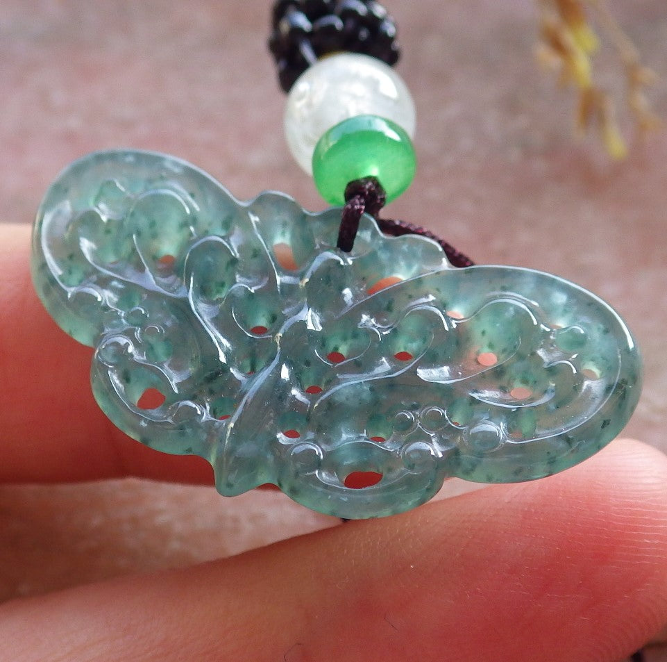 Certified Icy Green Burma 100% Natural A Jade jadeite Pendant Butterfly Neckace 蝴蝶 642671 TN