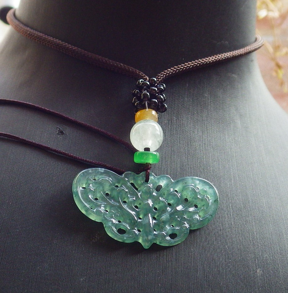 Certified Icy Green Burma 100% Natural A Jade jadeite Pendant Butterfly Neckace 蝴蝶 642671 TN
