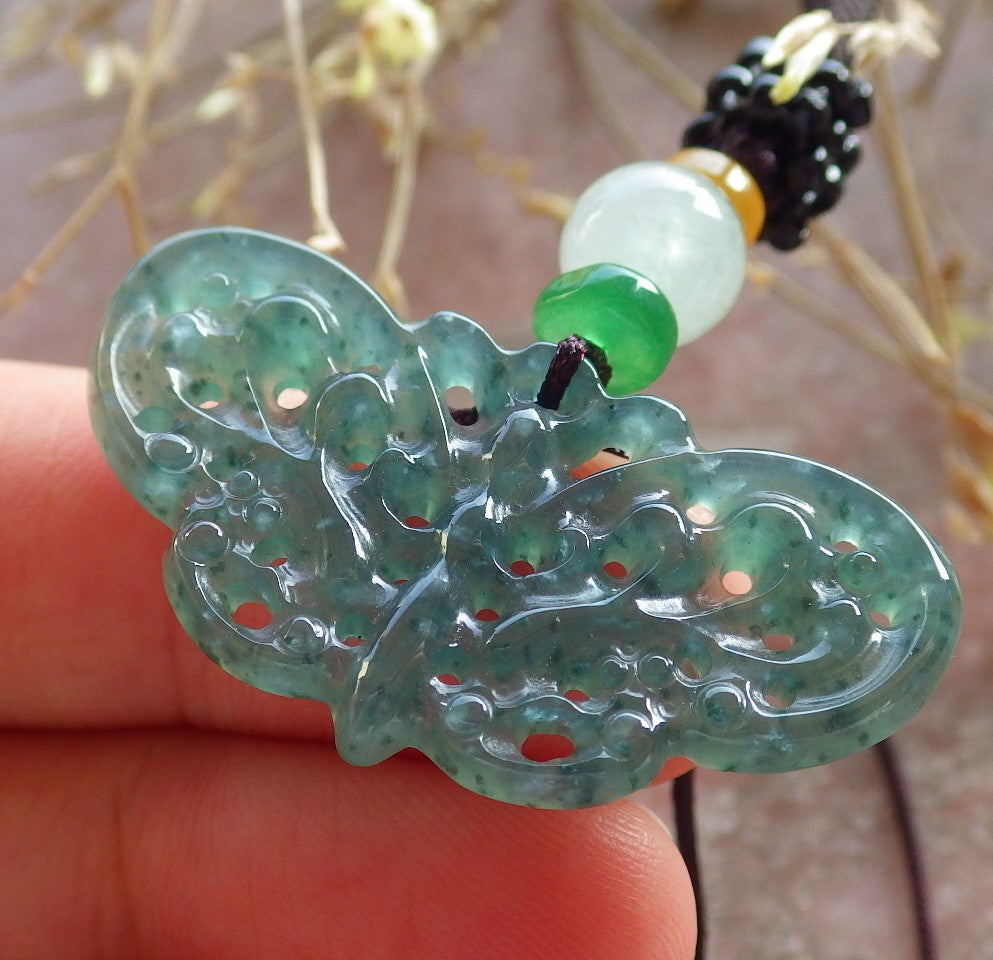Certified Icy Green Burma 100% Natural A Jade jadeite Pendant Butterfly Neckace 蝴蝶 642688 TN