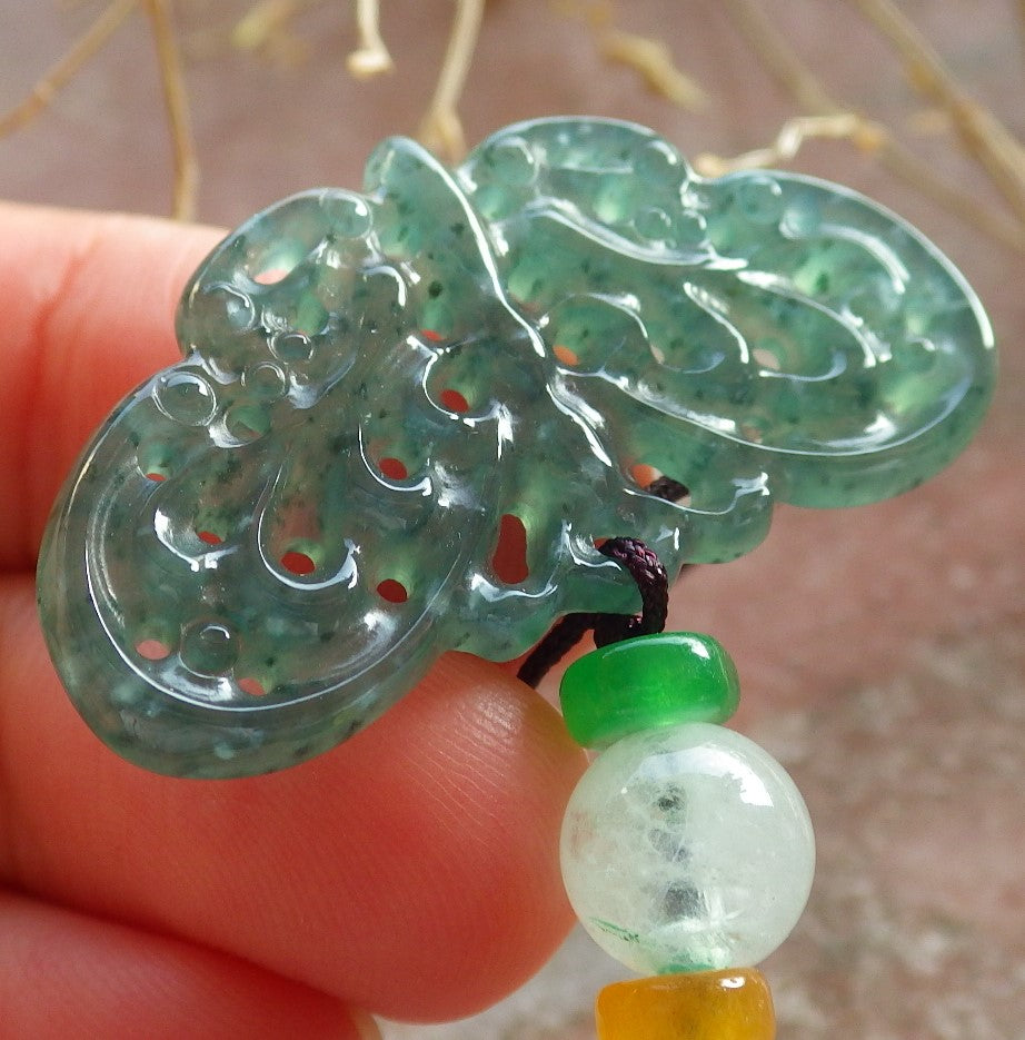 Certified Icy Green Burma 100% Natural A Jade jadeite Pendant Butterfly Neckace 蝴蝶 642688 TN