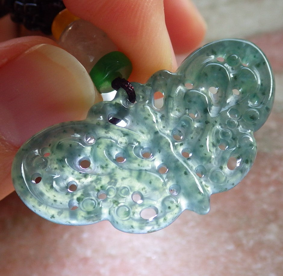 Certified Icy Green Burma 100% Natural A Jade jadeite Pendant Butterfly Neckace 蝴蝶 642688 TN