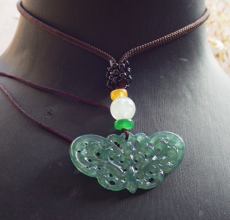 Certified Icy Green Burma 100% Natural A Jade jadeite Pendant Butterfly Neckace 蝴蝶 642688 TN
