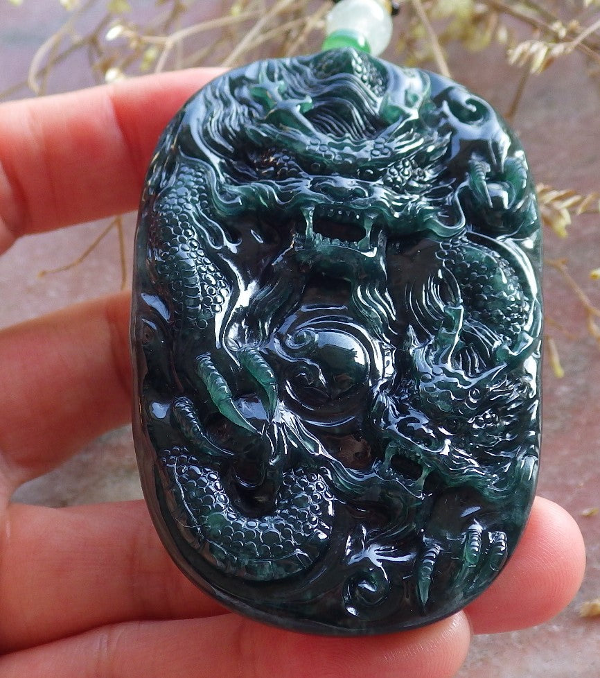 Certified Icy Green Burma 100% Natural A Jade jadeite Pendant Dragon Bead Necklace 生意兴隆 642723 TN
