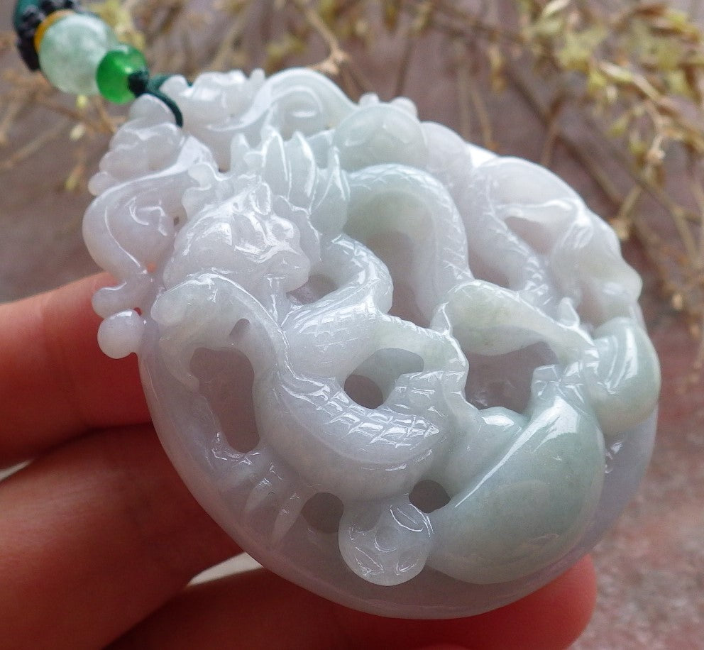 Certified Green Burma 100% Natural A Jade jadeite Pendant Dragon Coin Necklace 生意兴隆 642813 TN