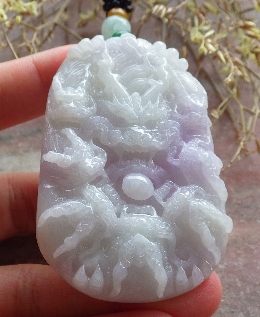 Certified Green Lavender Burma 100% Natural A Jade jadeite Pendant 9 Dragon Spit Bead Necklace 九龙戏珠 642850 TN