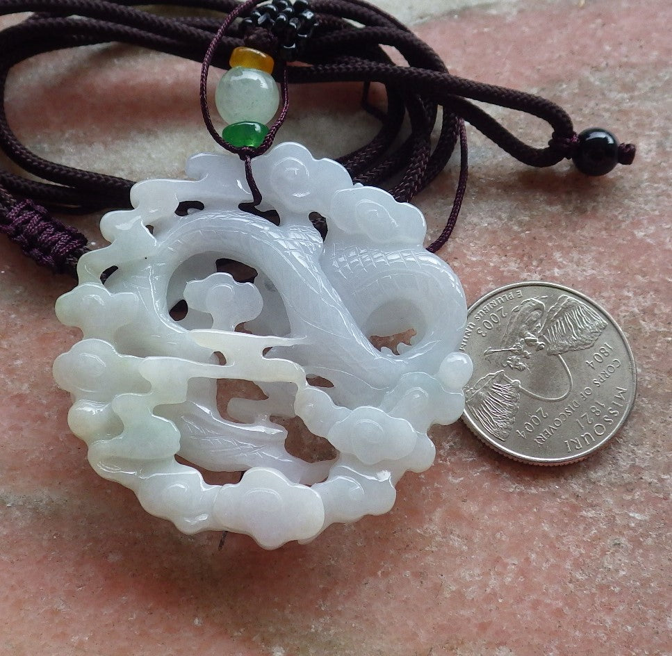 Certified Green Pale Lavender Burma 100% Natural A Jade jadeite Pendant Dragon Necklace 生意兴隆 642882 TN