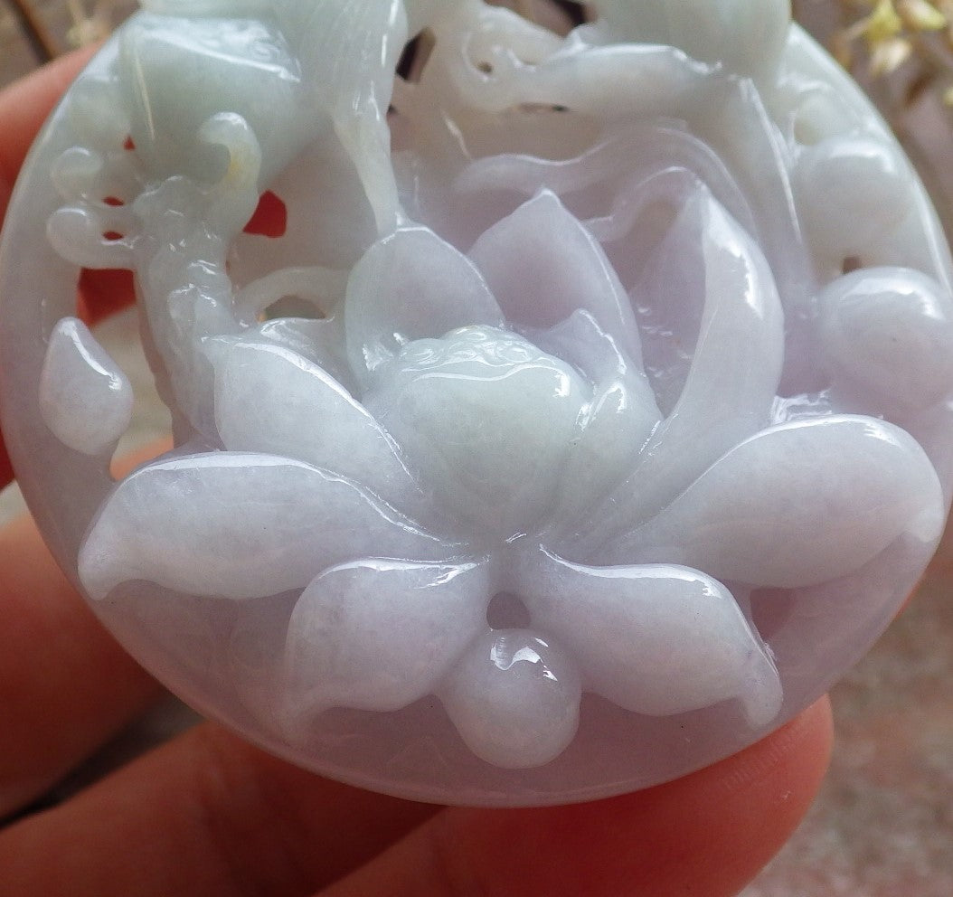 Certified Green Pale Lavender Burma 100% Natural A Jade jadeite Pendant Phoenix Bird Lotus Flower Necklace 鸟语花香 642891 TN
