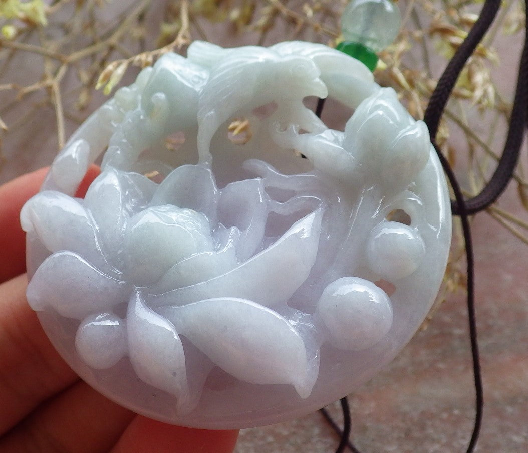 Certified Green Pale Lavender Burma 100% Natural A Jade jadeite Pendant Phoenix Bird Lotus Flower Necklace 鸟语花香 642891 TN