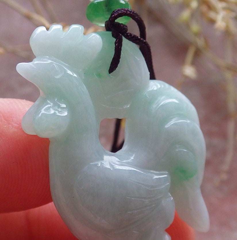 Certified Green Burma 100% Natural A Jade jadeite Pendant Rooster Phoenix Coin Necklace 招财鸡 642936 TN