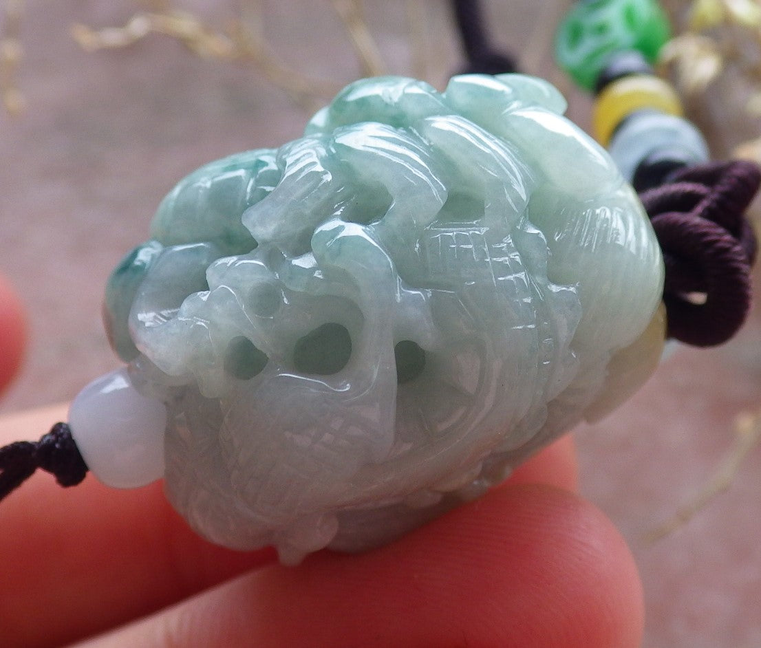 Certified Yellow Green Burma 100% Natural A Jade jadeite Pendant Dragon Bead Necklace 生意兴隆 642971 TN
