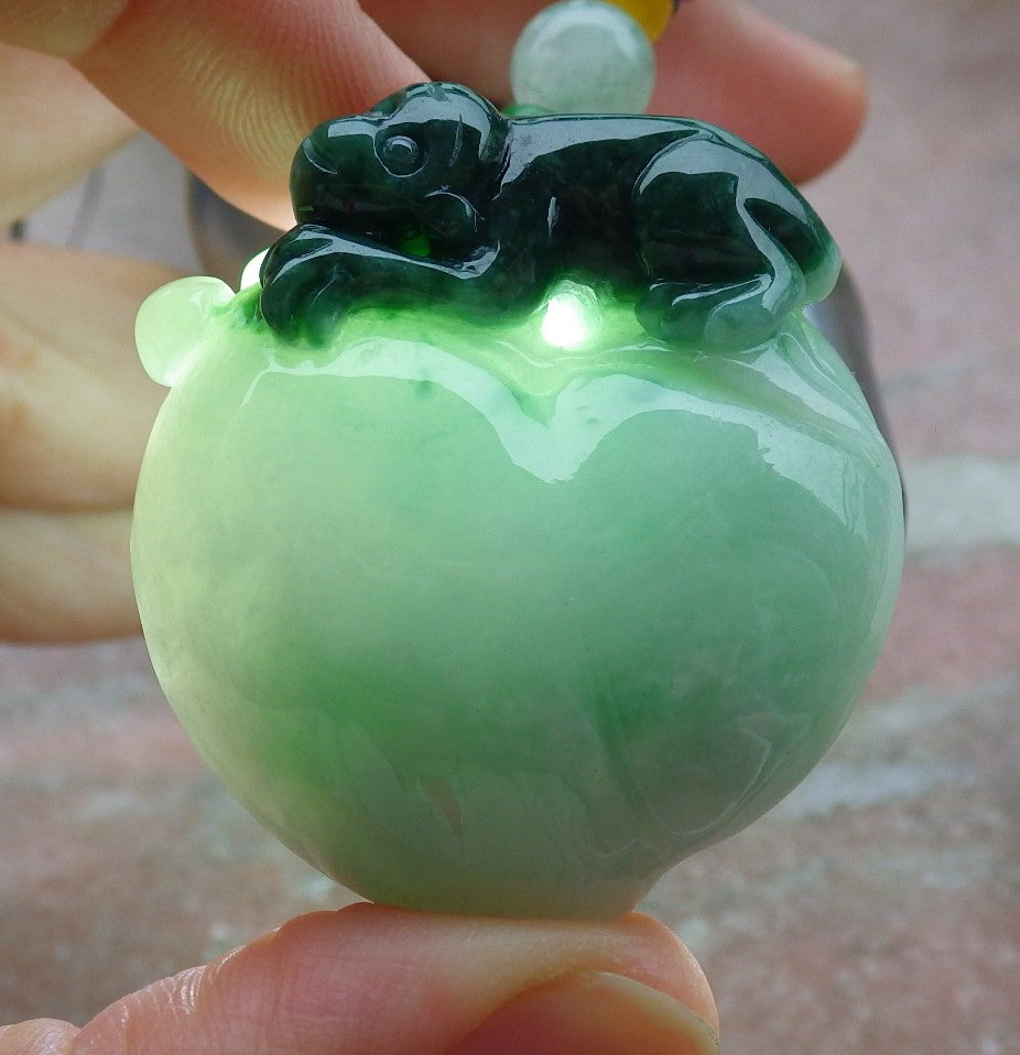 Certified Green Burma 100% Natural A Jade jadeite Pendant Monkey Peach Ruyi Necklace 猴子 643160 TN