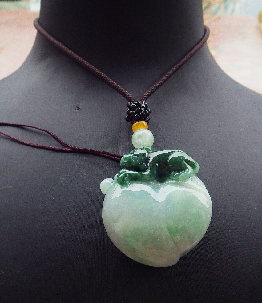 Certified Green Burma 100% Natural A Jade jadeite Pendant Monkey Peach Ruyi Necklace 猴子 643160 TN