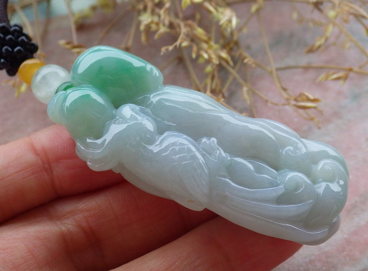 Certified Green Burma 100% Natural A Jade jadeite Pendant Phoenix Peach Ginseng Necklace 凤凰 643167 TN