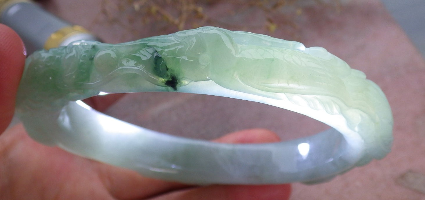 Certified Green Burma 100% Natural A JADE Jadeite Dragon Phoenix Bangle Bracelet 77 mm 手镯 643210 TN