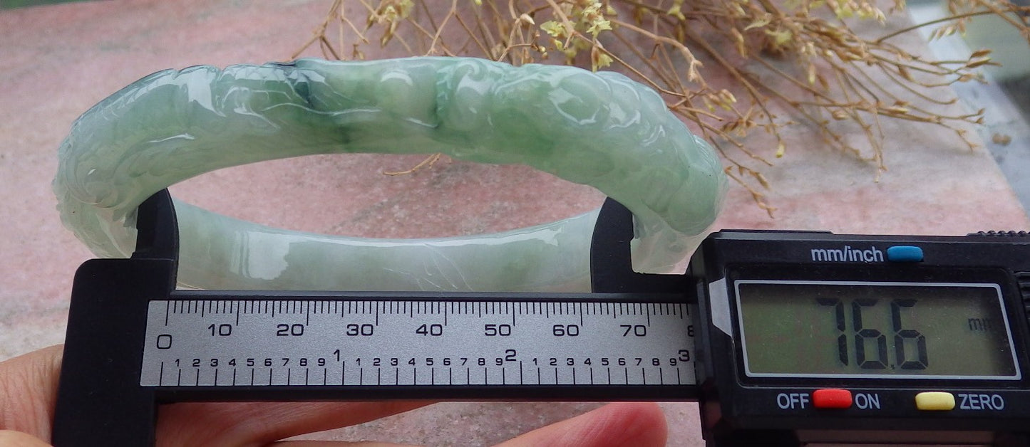 Certified Green Burma 100% Natural A JADE Jadeite Dragon Phoenix Bangle Bracelet 77 mm 手镯 643210 TN
