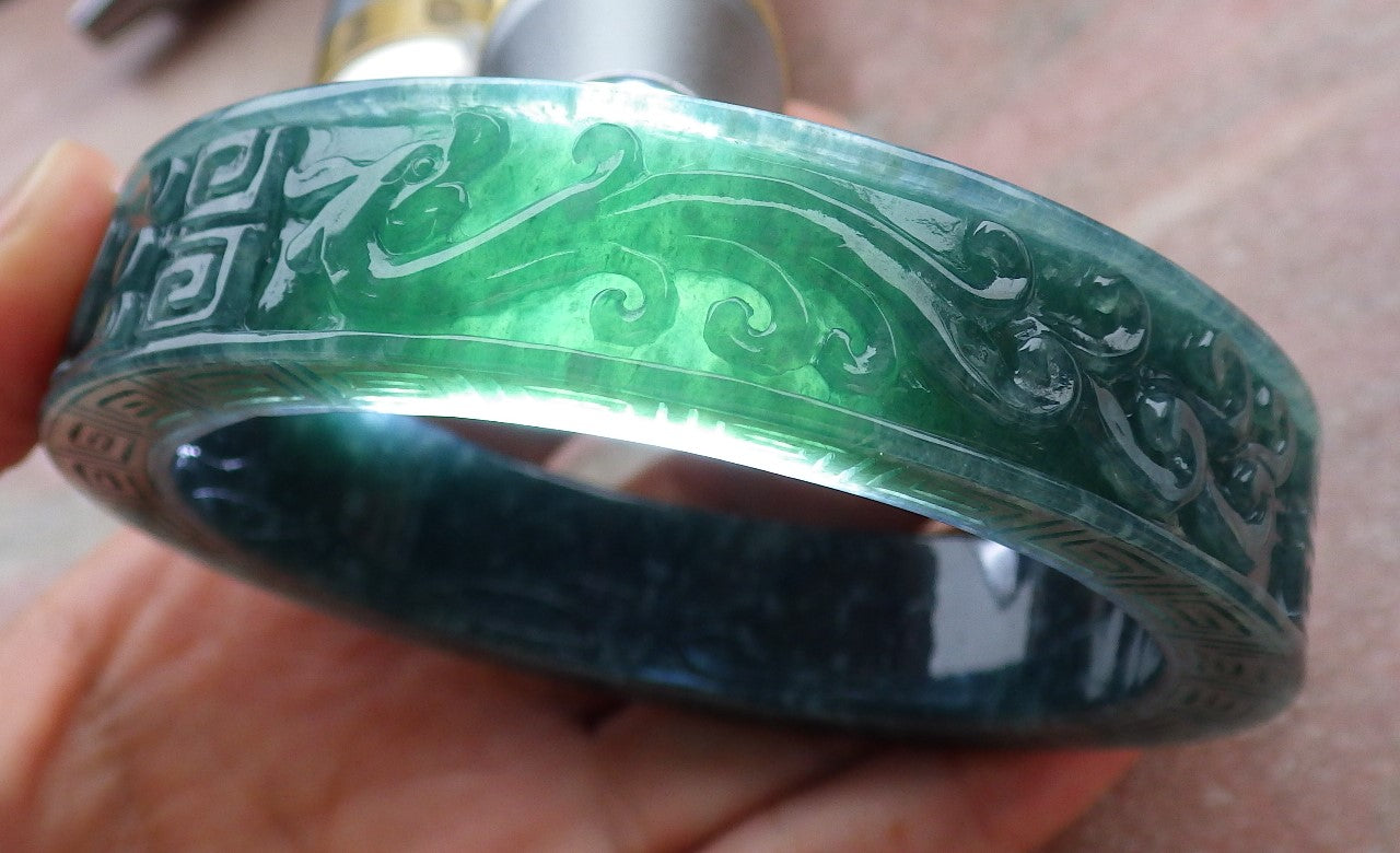 Certified Icy Green Burma 100% Natural A JADE Jadeite Dragon Phoenix Bangle Bracelet 64 mm 手镯 643331 TN