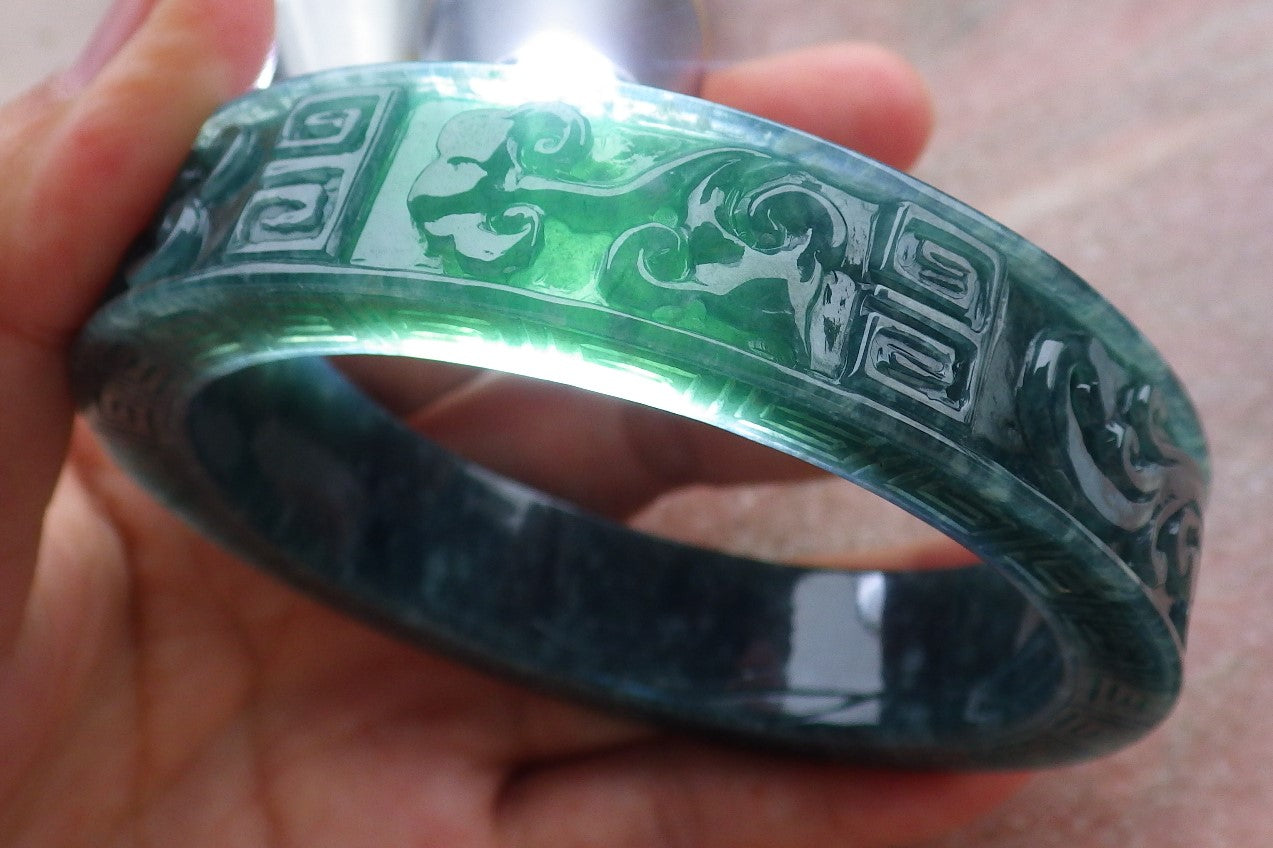 Certified Icy Green Burma 100% Natural A JADE Jadeite Dragon Phoenix Bangle Bracelet 64 mm 手镯 643331 TN