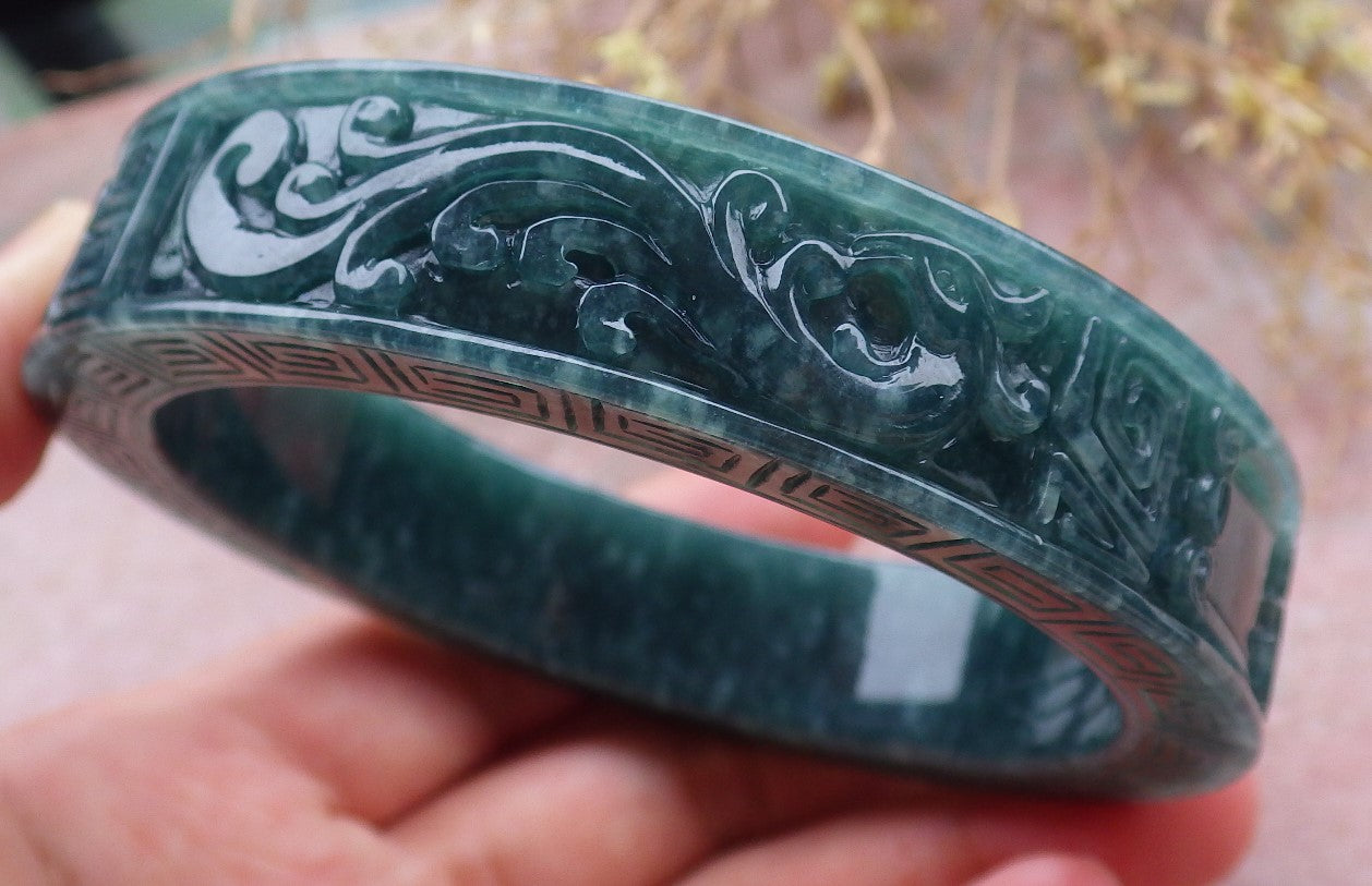 Certified Icy Green Burma 100% Natural A JADE Jadeite Dragon Phoenix Bangle Bracelet 64 mm 手镯 643331 TN