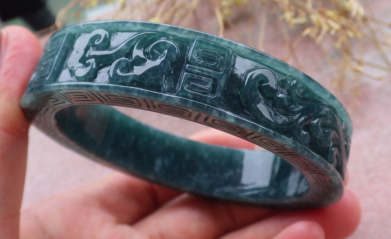 Certified Icy Green Burma 100% Natural A JADE Jadeite Dragon Phoenix Bangle Bracelet 64 mm 手镯 643331 TN