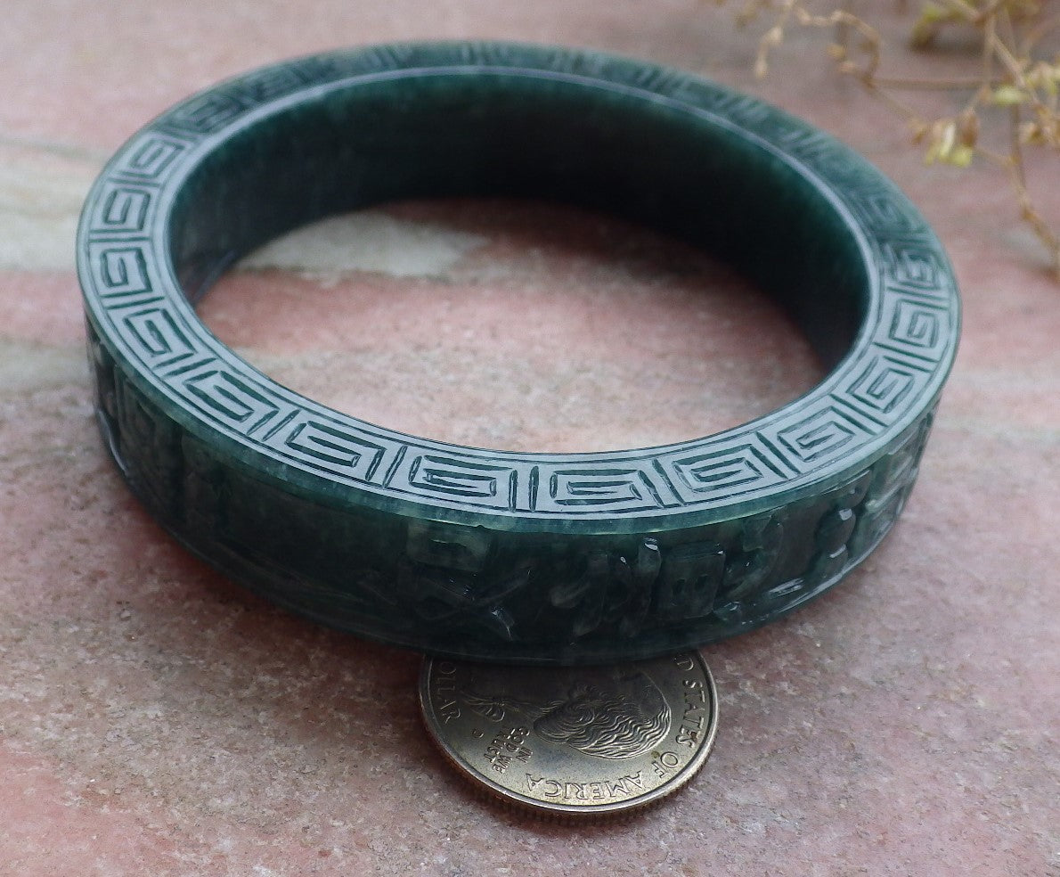 Certified Icy Green Burma 100% Natural A JADE Jadeite Dragon Phoenix Bangle Bracelet 64 mm 手镯 643331 TN