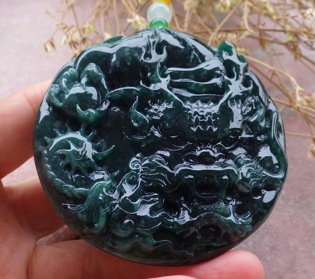 Certified Icy Green Burma 100% Natural A Jade jadeite Pendant Dragon Bead Necklace 生意兴隆 643351 TN