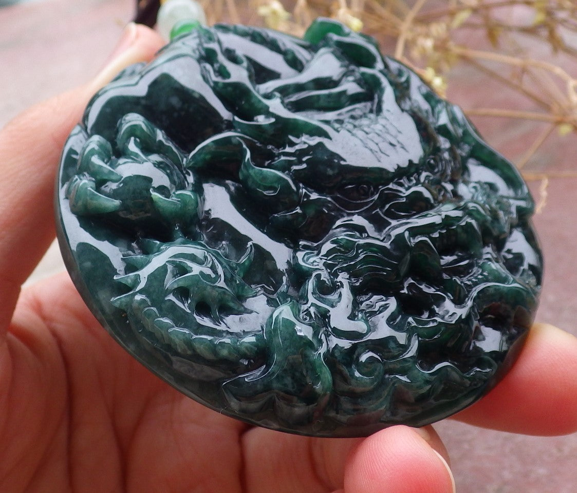 Certified Icy Green Burma 100% Natural A Jade jadeite Pendant Dragon Bead Necklace 生意兴隆 643351 TN