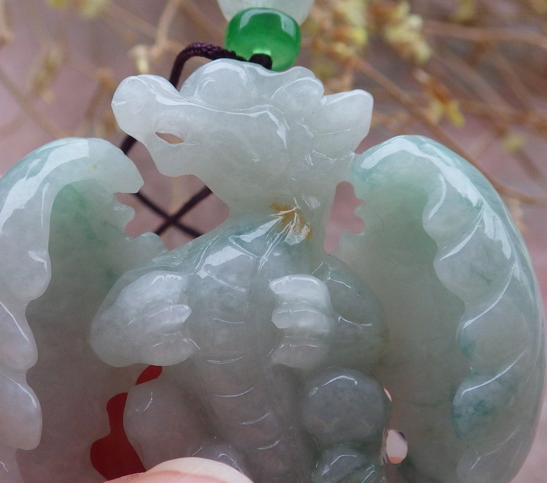 Certified Green Burma 100% Natural A Jade jadeite Pendant Flying Dragon Necklace 生意兴隆 643376 TN