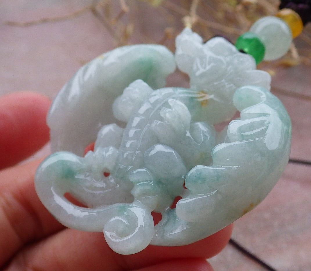 Certified Green Burma 100% Natural A Jade jadeite Pendant Flying Dragon Necklace 生意兴隆 643376 TN