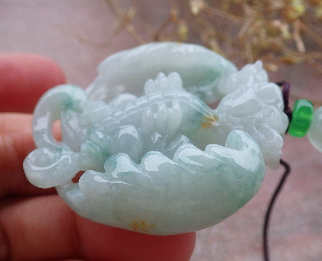 Certified Green Burma 100% Natural A Jade jadeite Pendant Flying Dragon Necklace 生意兴隆 643376 TN