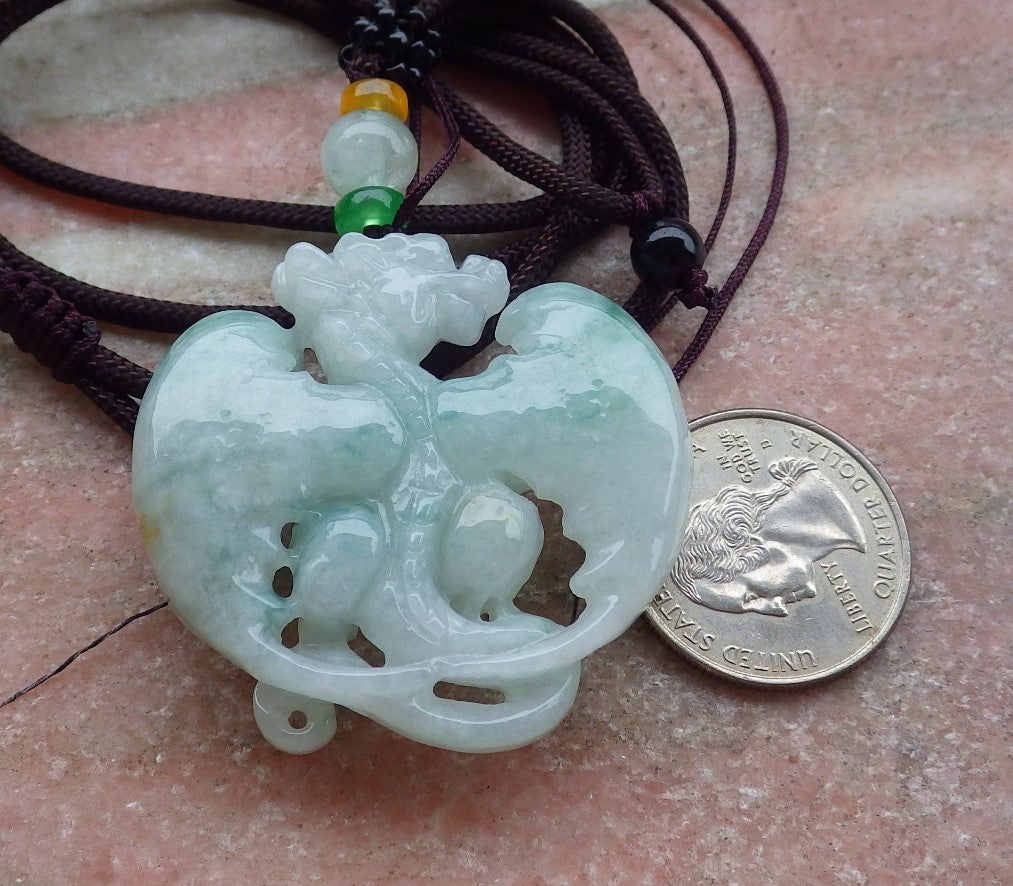 Certified Green Burma 100% Natural A Jade jadeite Pendant Flying Dragon Necklace 生意兴隆 643376 TN