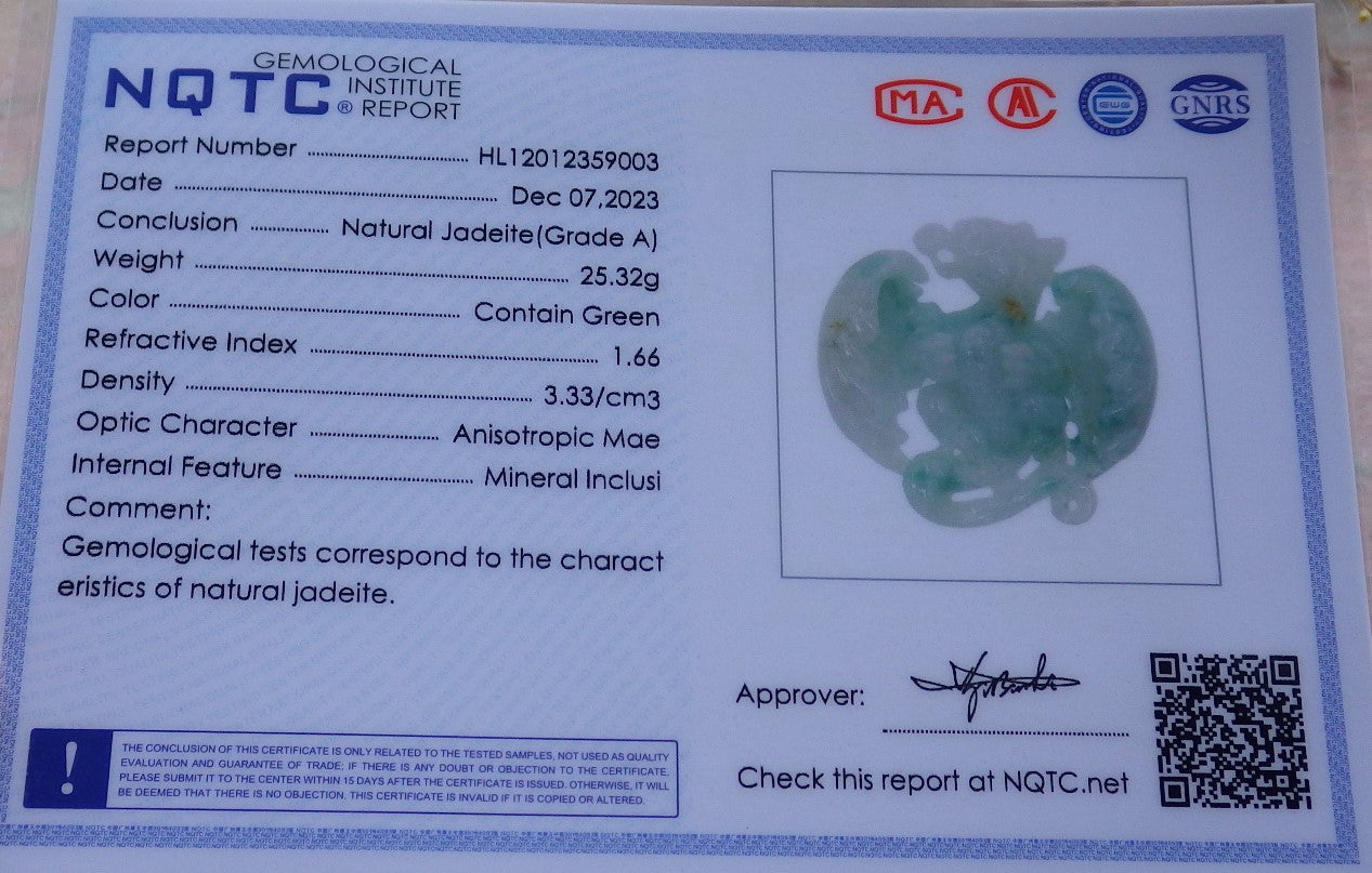 Certified Green Burma 100% Natural A Jade jadeite Pendant Flying Dragon Necklace 生意兴隆 643376 TN