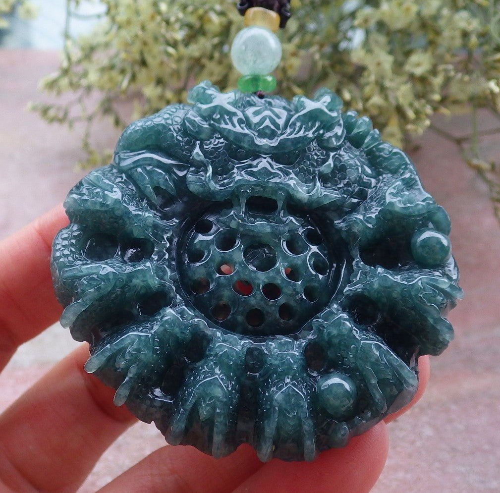 Certified Icy Green Burma 100% Natural A Jade jadeite Pendant 9 Dragon Bead Necklace 九龙戏珠 643590 TN