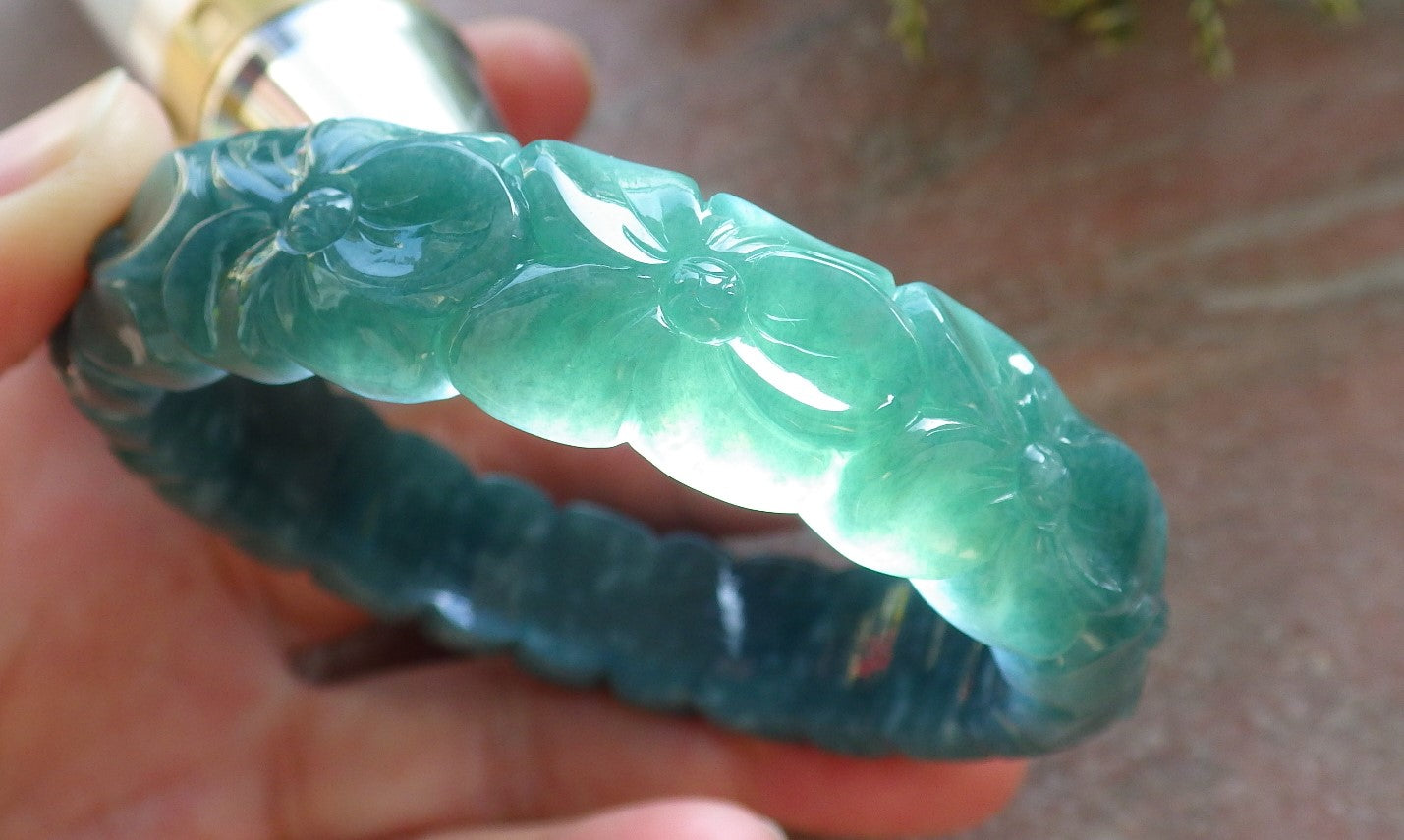 Certified Icy Green Burma 100% Natural A JADE Jadeite Flower Bangle Bracelet 57 mm 643784 TN