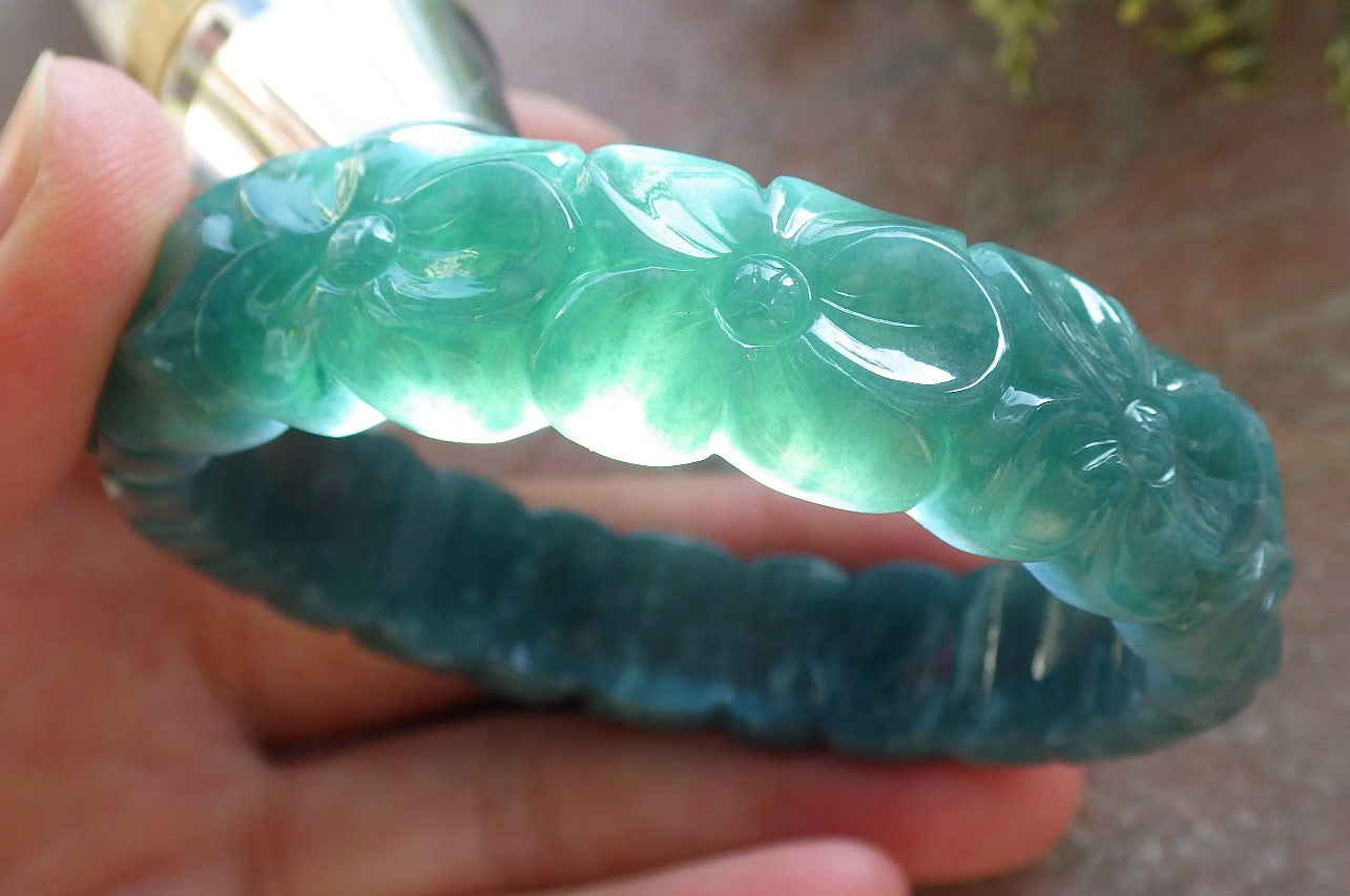 Certified Icy Green Burma 100% Natural A JADE Jadeite Flower Bangle Bracelet 57 mm 643784 TN