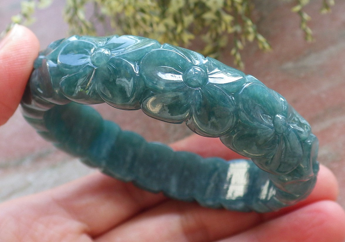 Certified Icy Green Burma 100% Natural A JADE Jadeite Flower Bangle Bracelet 57 mm 643784 TN